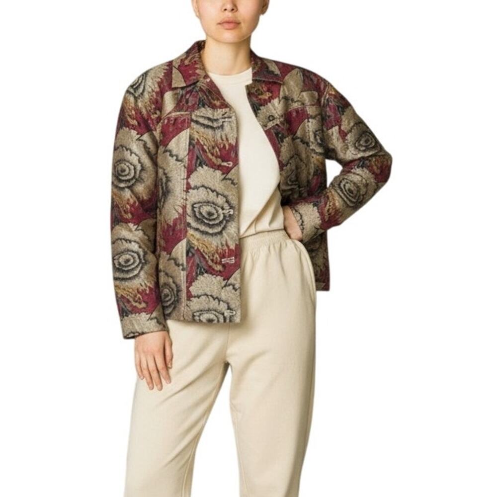 Vintage Chicos Rayon Silk Metallic Gold Red Floral Button Up Jacket Womens Sz 2